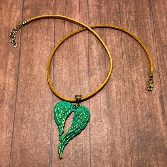 Handmade Antique Patina Angel Wings Pendant Necklace with Brown Leather Cord! - Picture 3 of 5